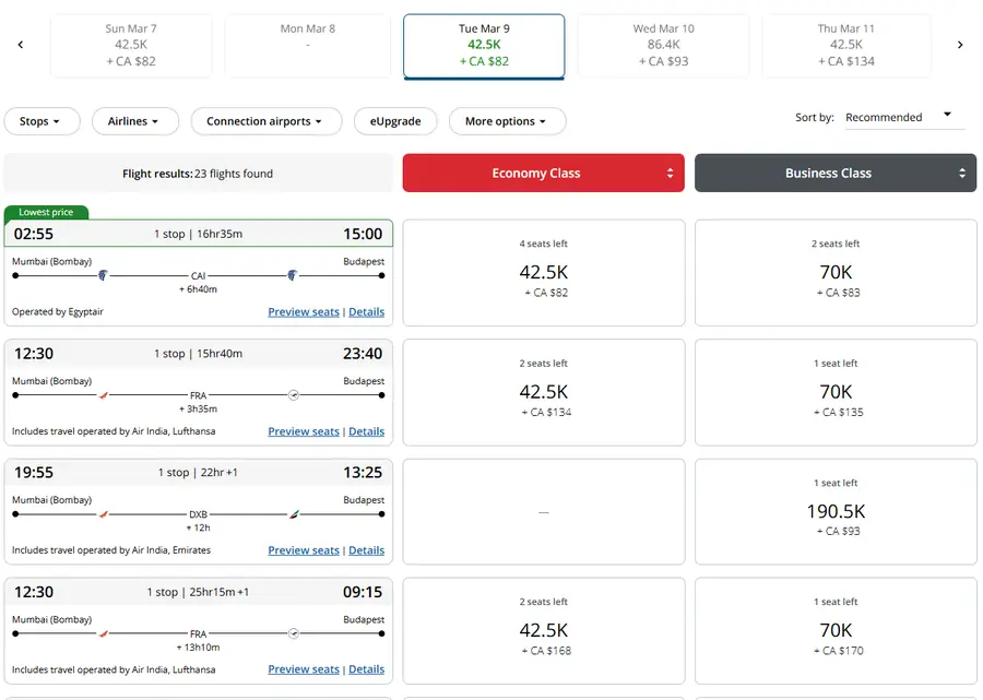 Aeroplan award search Mumbai to Budapest on 9 March 2027: business class 70,000 points plus CA$83 on EgyptAir via Cairo, 70,000 plus CA$135 on Air India and Lufthansa via Frankfurt