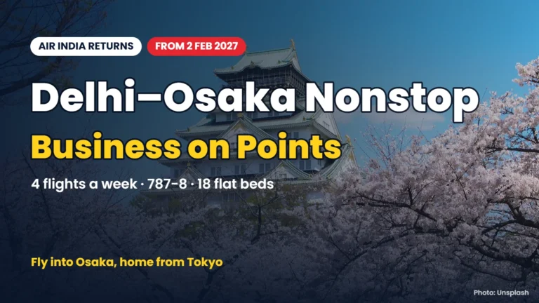 Osaka Castle with cherry blossoms and text: Delhi–Osaka nonstop, business on points, from 2 Feb 2027