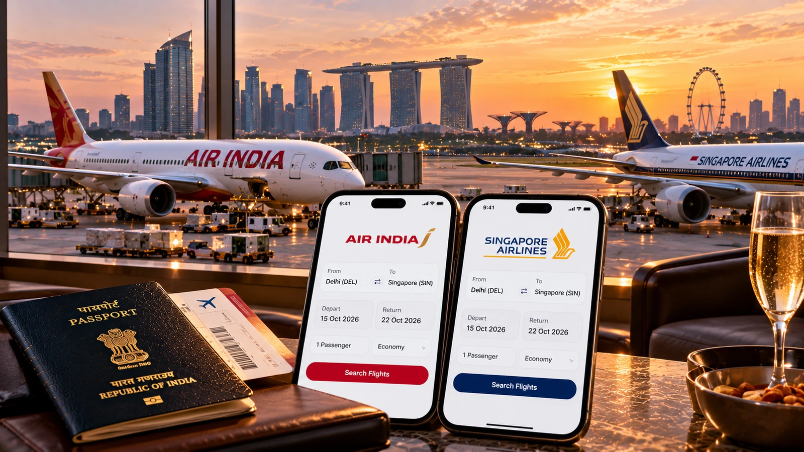 Air India and Singapore Airlines planes at Singapore Changi with two phones showing Delhi to Singapore flight searches from 15 October 2026 on each airline