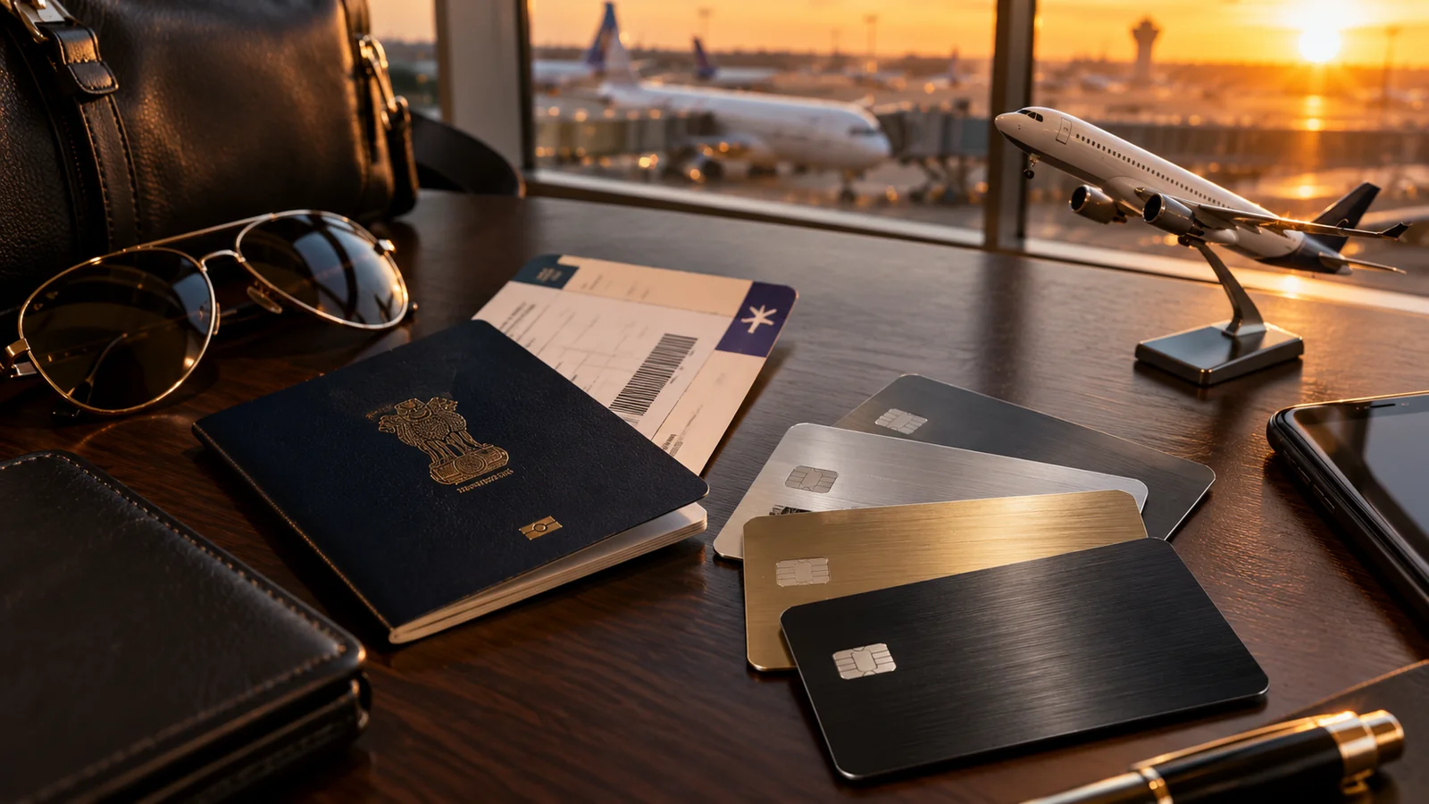 Metal credit cards, an Indian passport, a boarding pass and a model plane on a desk by an airport window at sunset