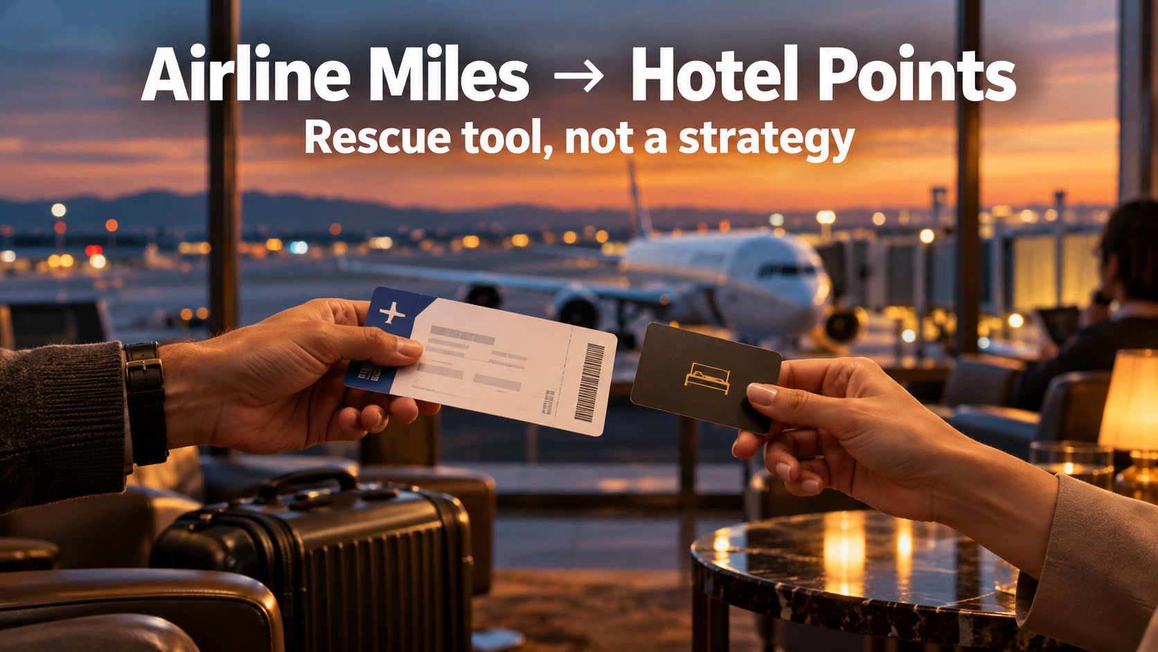 Hand swapping a boarding pass for a hotel key card at an airport gate at dusk, with the headline Airline Miles to Hotel Points