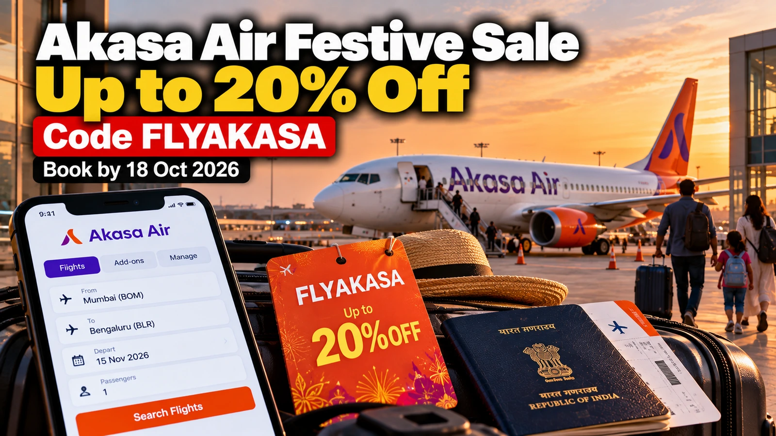 Akasa Air Festive Sale graphic with code FLYAKASA for up to 20% off, an Akasa plane and a booking app