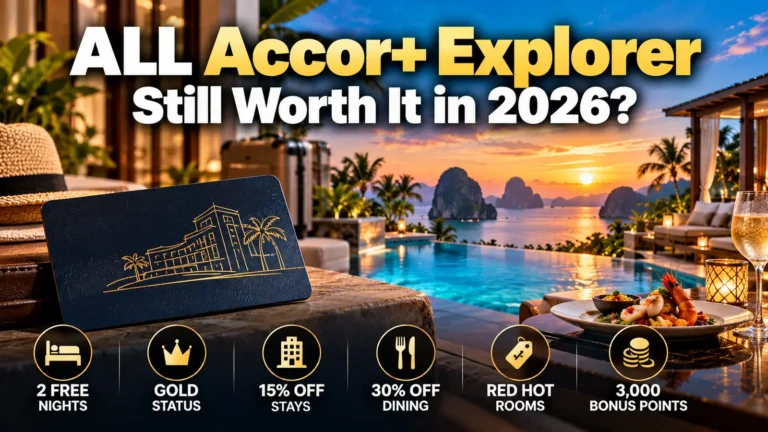 Graphic: ALL Accor+ Explorer – Still Worth It in 2026? with icons for 2 free nights, Gold status, 15% off stays, 30% off dining, Red Hot Rooms and 3,000 bonus points