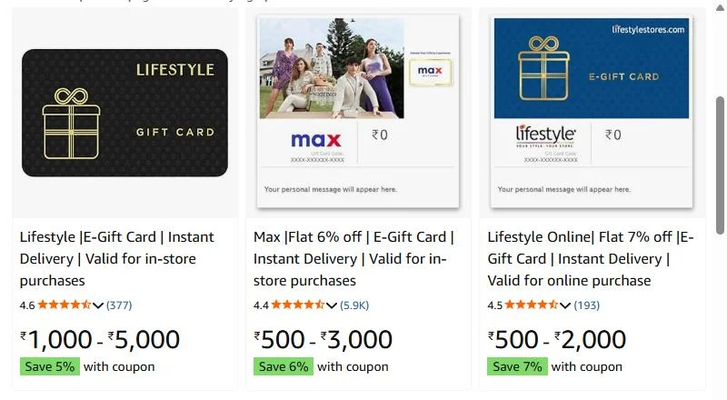 Amazon.in fashion e-gift cards: Lifestyle 5% off, Max 6% off and Lifestyle Online 7% off with coupon