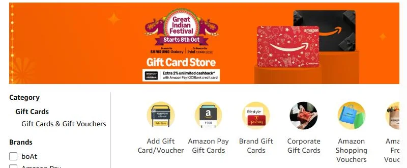 Amazon.in Gift Card Store banner offering extra 2% unlimited cashback with the Amazon Pay ICICI Bank credit card, with Amazon Pay gift cards, brand gift cards and Amazon Shopping Vouchers