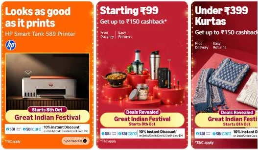 Amazon.in Great Indian Festival banners: starts 8th Oct, 10% instant discount with SBI debit cards, credit cards and credit card EMI