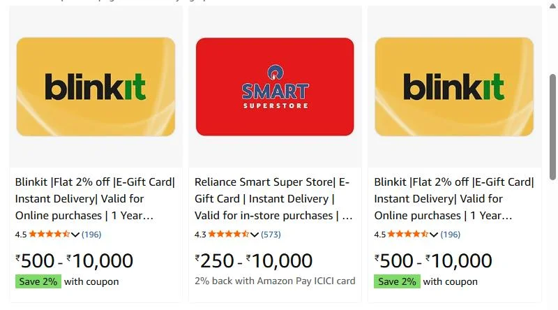 Amazon.in grocery e-gift cards: Blinkit 2% off and Reliance Smart Superstore with 2% back on Amazon Pay ICICI card