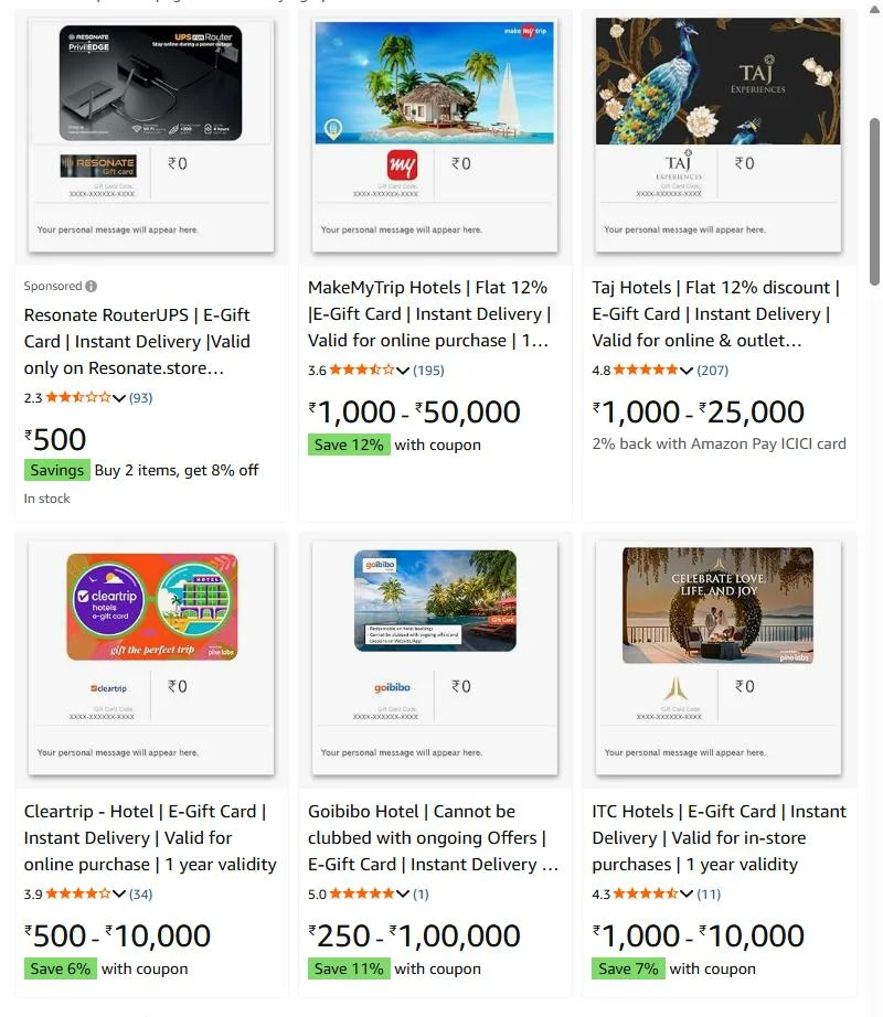 Amazon.in hotel e-gift cards: MakeMyTrip Hotels 12% off, Taj Hotels 12% off with 2% back on Amazon Pay ICICI card, Cleartrip Hotel 6%, Goibibo Hotel 11% and ITC Hotels 7% off with coupon