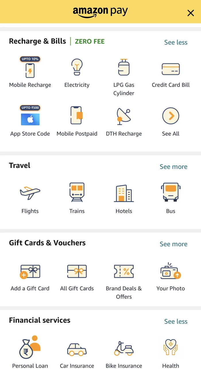 Amazon Pay app showing Recharge & Bills with zero fee: mobile recharge, electricity, LPG gas cylinder, credit card bill, mobile postpaid and DTH; plus travel, gift cards and car, bike and health insurance