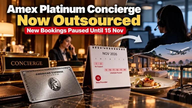 Hotel concierge desk with a metal card and a November 2026 calendar showing paused Amex Platinum travel and lifestyle bookings until 15 November