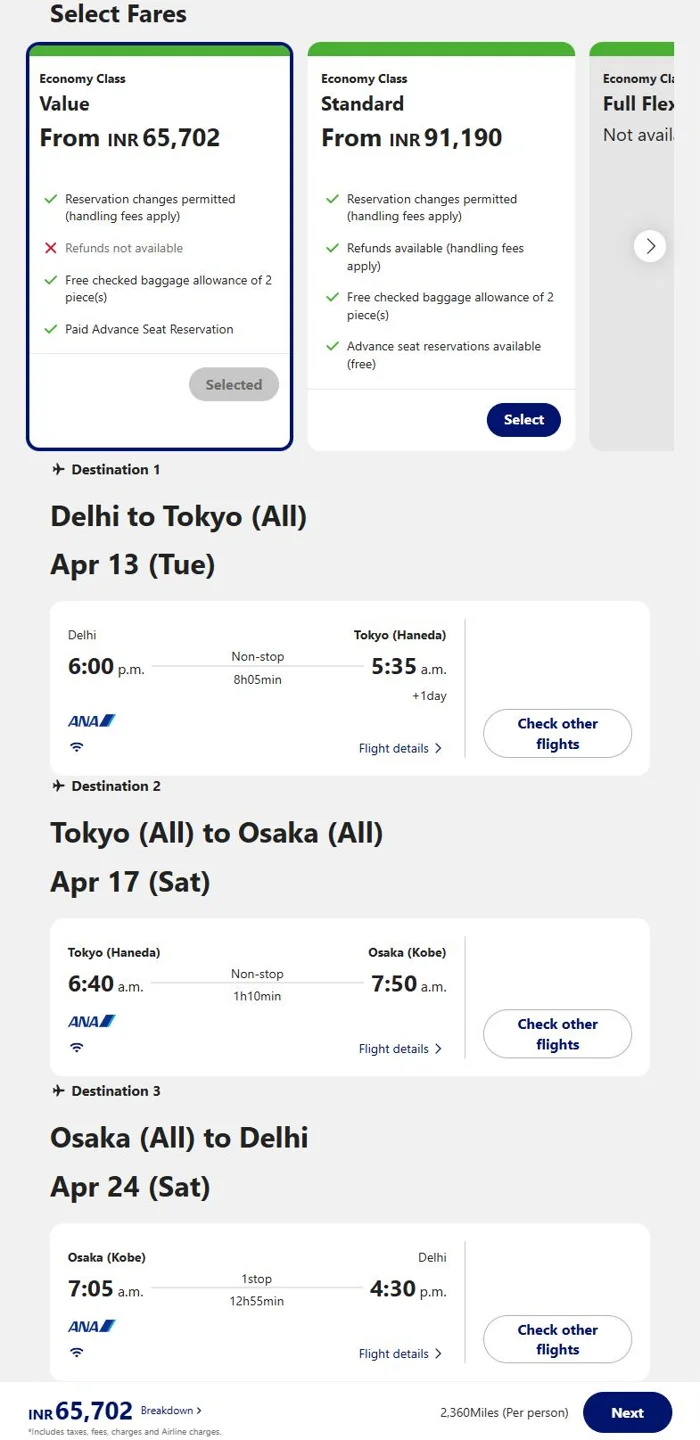 ANA search Delhi to Tokyo with stopover, Tokyo to Osaka and Osaka to Delhi in April 2027, economy 65,702 rupees