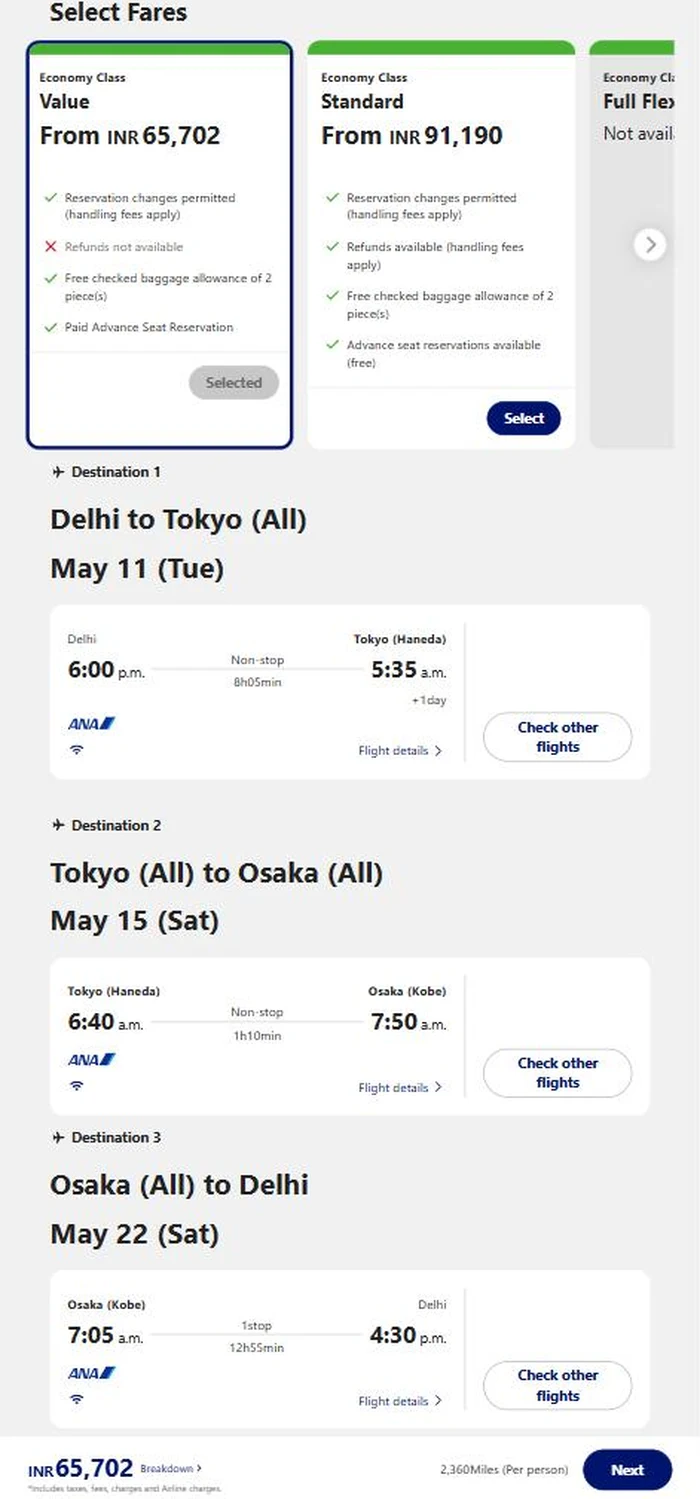 ANA search Delhi to Tokyo with stopover, Tokyo to Osaka and Osaka to Delhi in May 2027, economy 65,702 rupees