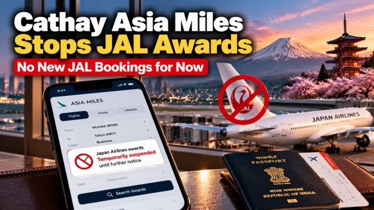 Cathay Asia Miles stops Japan Airlines award bookings, with a JAL plane and Mount Fuji in the background