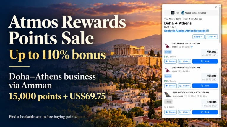 Alaska Atmos Rewards points sale with up to 110% bonus: Doha to Athens business via Amman for 15,000 points plus US$69.75