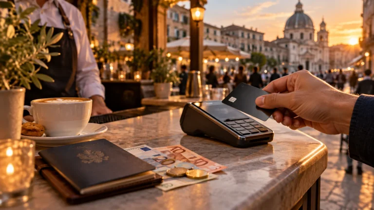 Hand tapping a credit card on a payment terminal at a café counter in a European square at sunset, with a passport and euro notes on the table
