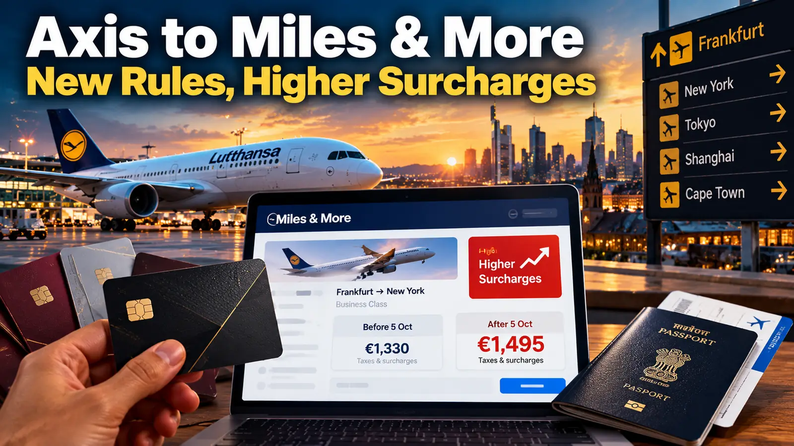 Axis to Miles & More graphic: Lufthansa plane, a laptop showing Frankfurt–New York business award surcharges rising from €1,330 to €1,495 after 5 Oct, an Indian passport and a credit card