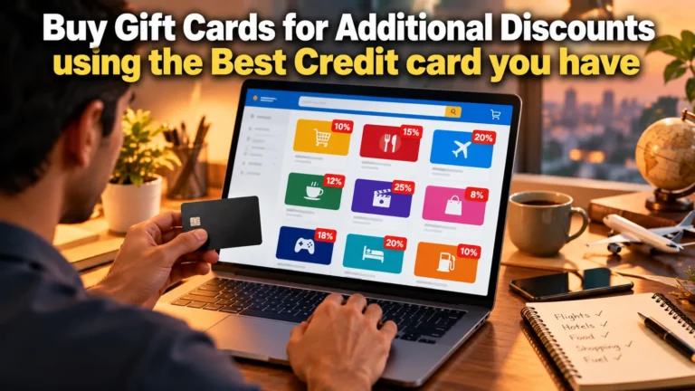 Man holding a credit card at a laptop showing gift cards with 8% to 25% discounts for shopping, food, travel, movies and fuel, headline: Buy Gift Cards for Additional Discounts using the Best Credit card you have