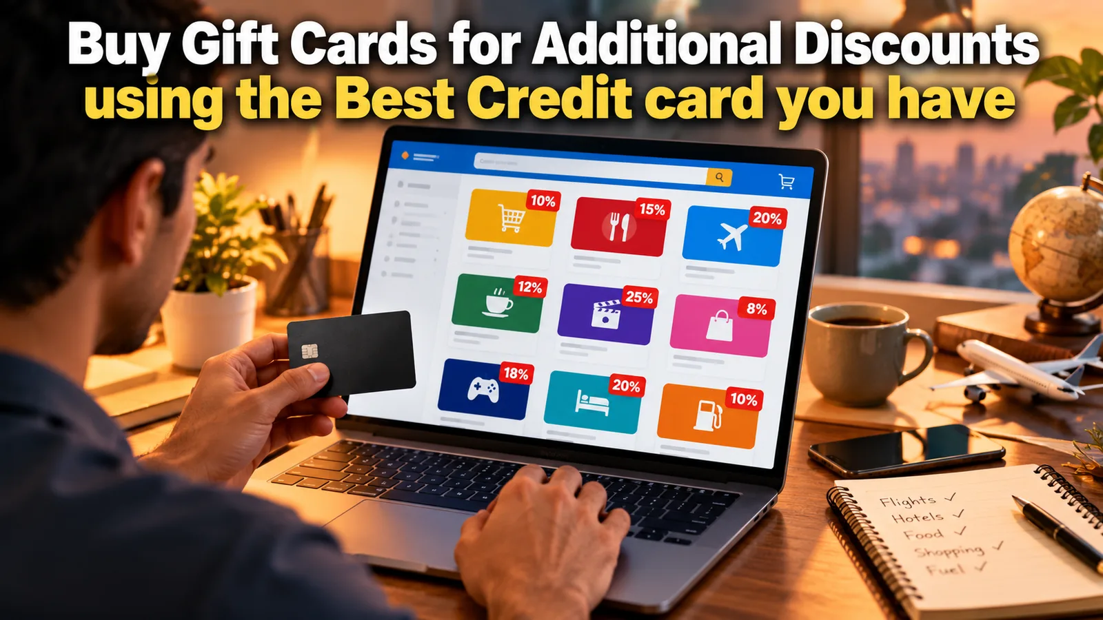 Man holding a credit card at a laptop showing gift cards with 8% to 25% discounts for shopping, food, travel, movies and fuel, headline: Buy Gift Cards for Additional Discounts using the Best Credit card you have