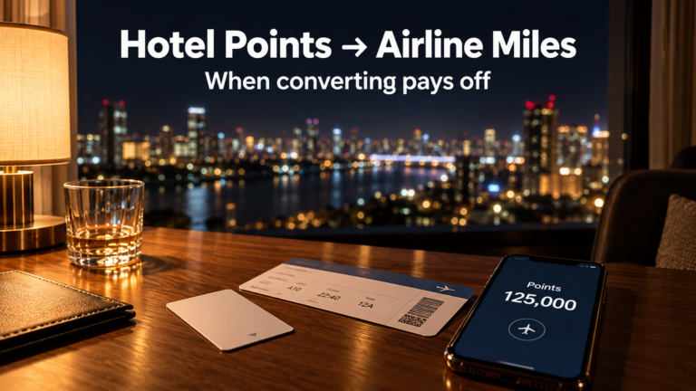 Hotel key card and boarding pass on a desk, with the headline Hotel Points to Airline Miles
