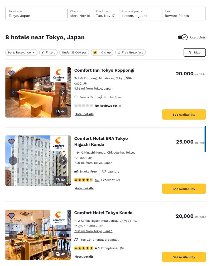 Choice Hotels search for Tokyo on reward points, 16 to 17 November 2026: Comfort Inn Tokyo Roppongi 20,000 points, Comfort Hotel ERA Tokyo Higashi Kanda 25,000 points, Comfort Hotel Tokyo Kanda 20,000 points