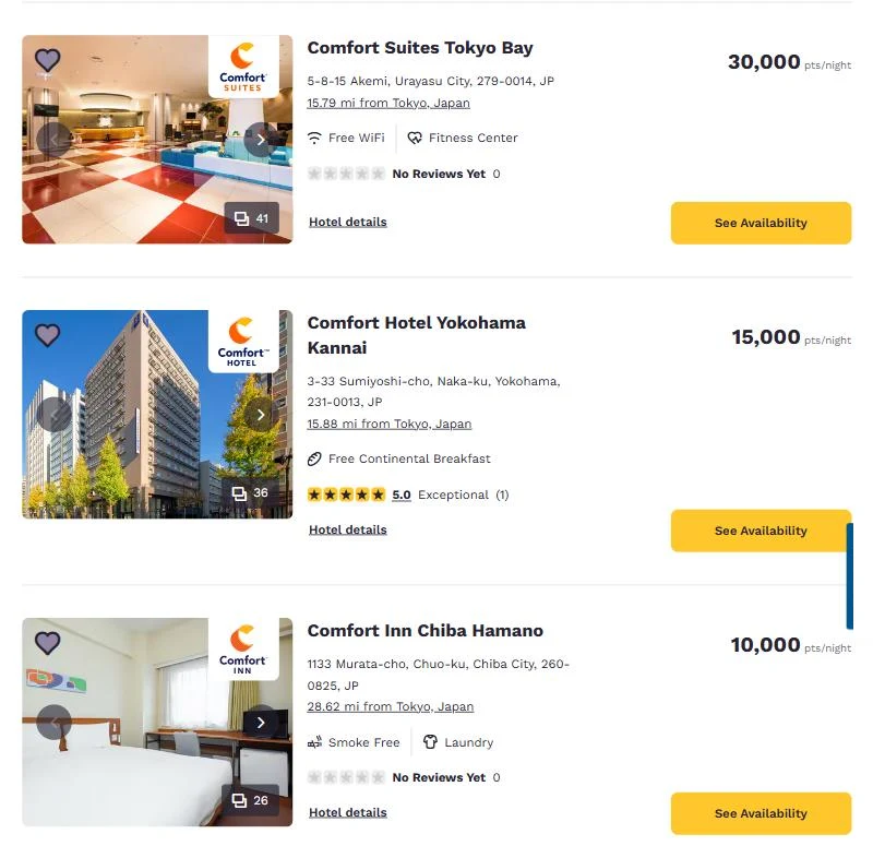 Choice Hotels search results: Comfort Suites Tokyo Bay 30,000 points per night, Comfort Hotel Yokohama Kannai 15,000 points, Comfort Inn Chiba Hamano 10,000 points
