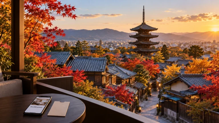 Kyoto in autumn at sunset with red maple leaves and the Yasaka pagoda, seen from a hotel balcony with a phone showing a points booking
