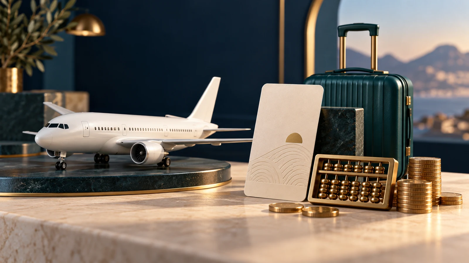 Original illustration of a passenger jet, luggage, blank hotel card and abacus for comparing travel sale savings.