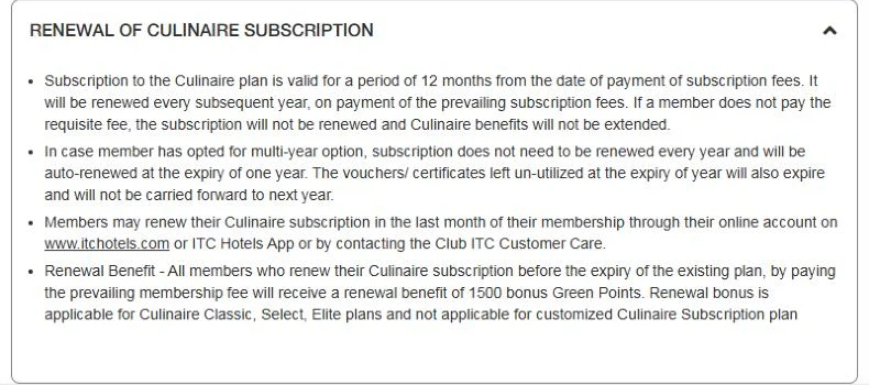 Club ITC terms on Culinaire renewal and voucher expiry