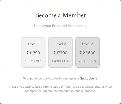 The Westin Chennai Velachery Club Marriott membership prices: Level 1 ₹11,799, Level 2 ₹17,700, Level 3 ₹23,600
