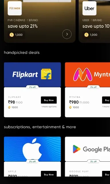 CRED gift card store showing PVR INOX at 21% off, Uber at 10% off and Flipkart and Myntra at 2% off