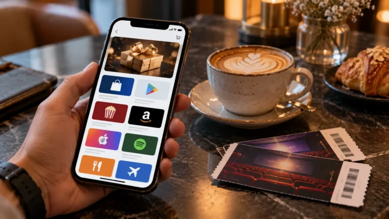 Hand holding a phone showing a gift card store, next to a cappuccino, a croissant and two movie tickets on a marble café table