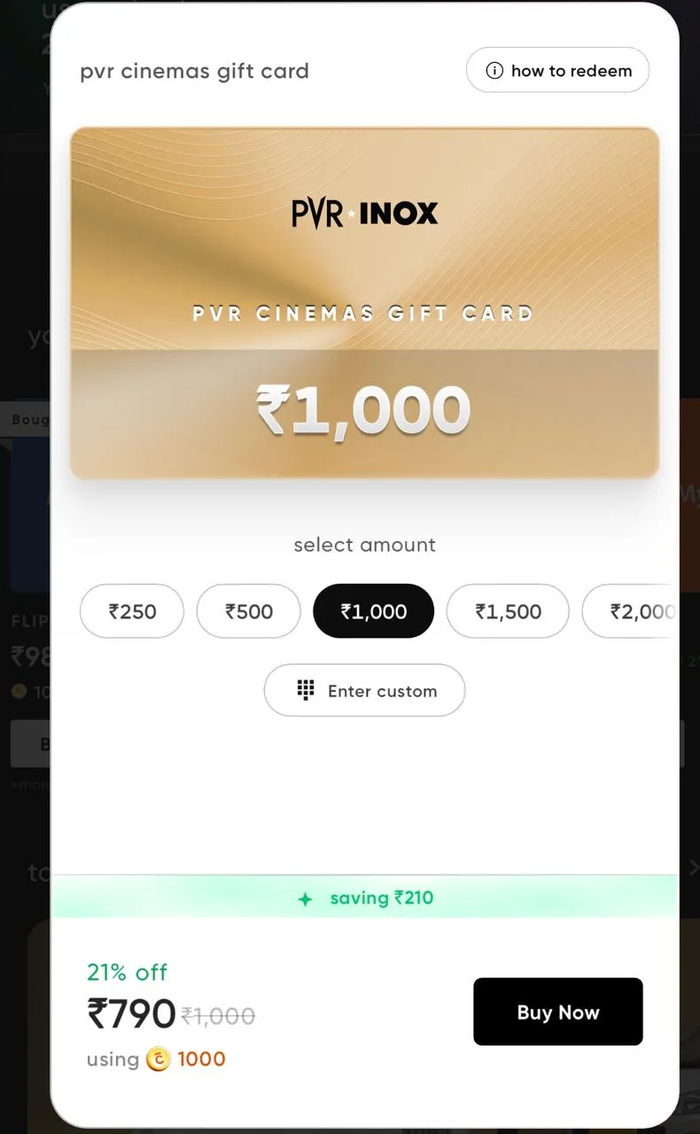 CRED PVR INOX gift card worth ₹1,000 for ₹790, 21% off using 1,000 coins