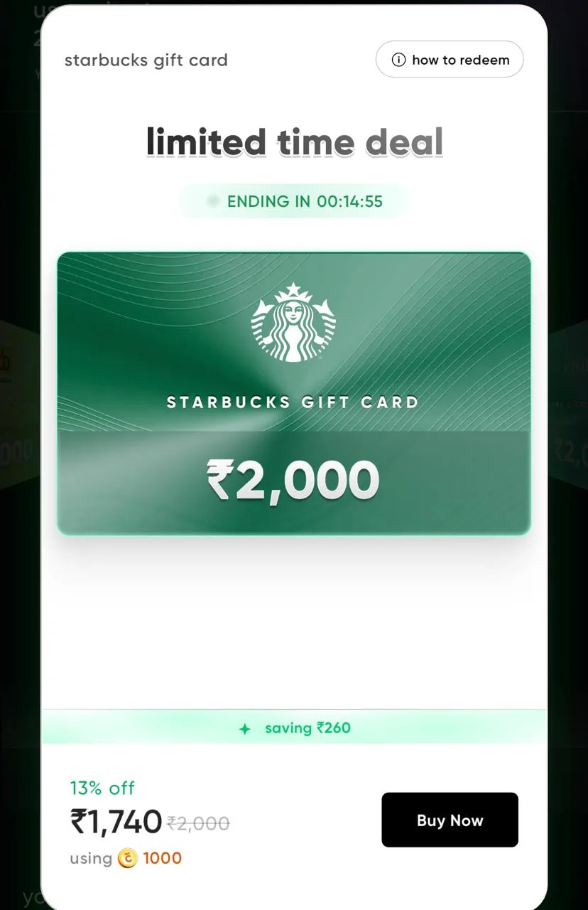 CRED limited-time deal on a ₹2,000 Starbucks gift card for ₹1,740, 13% off using 1,000 coins