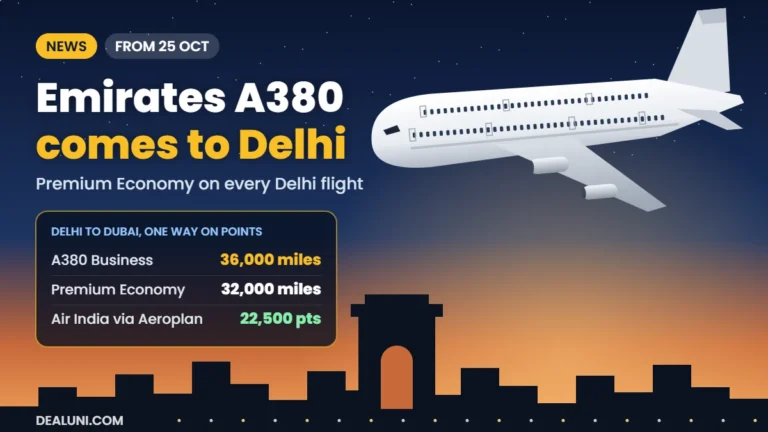 Illustration of an A380 over a Delhi skyline at dusk with Delhi to Dubai award prices: A380 Business 36,000 miles, Premium Economy 32,000 miles, Air India via Aeroplan 22,500 points