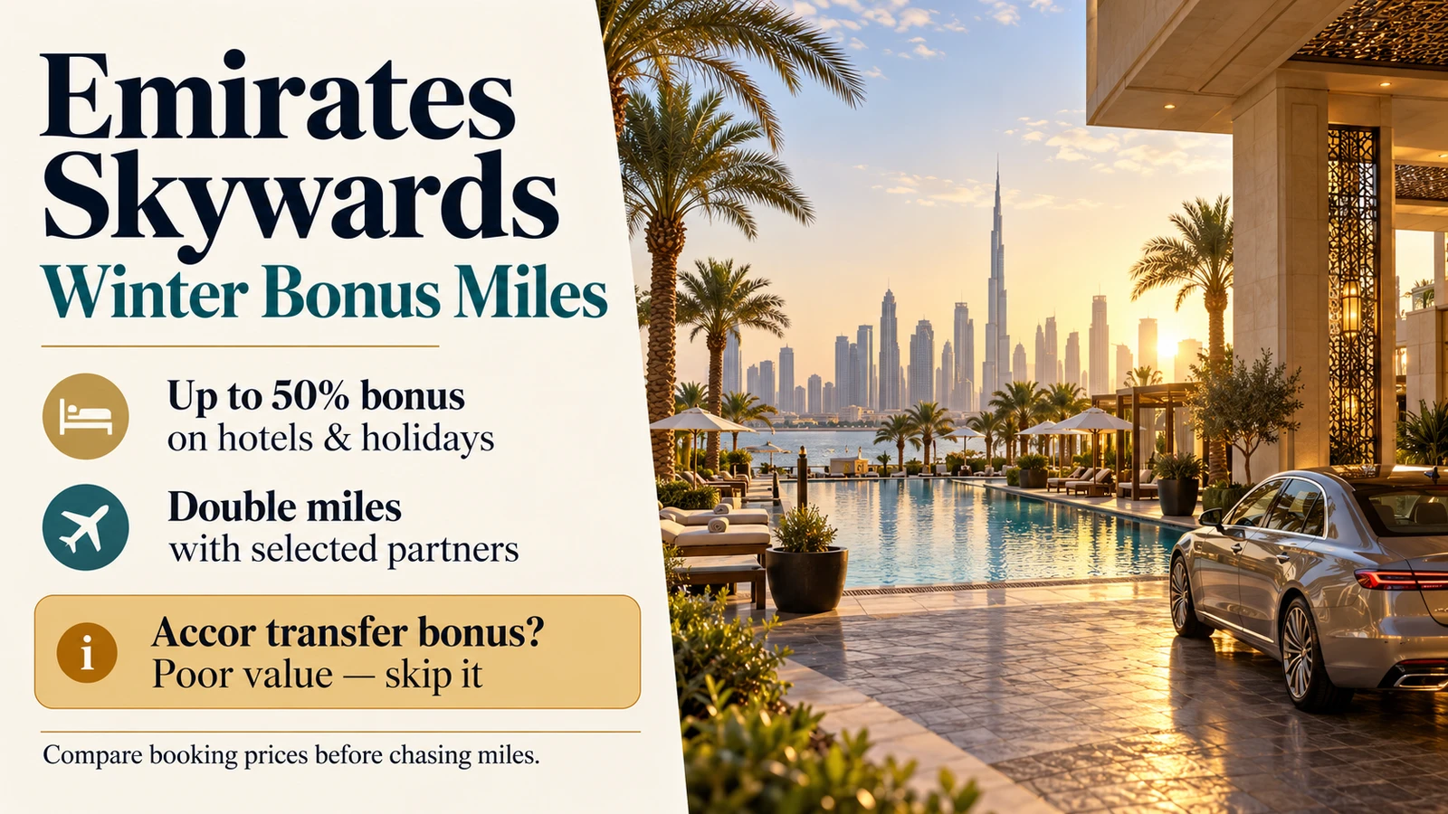Emirates Skywards winter bonus miles: up to 50% bonus on hotels and holidays, double miles with selected partners, Accor transfer bonus poor value