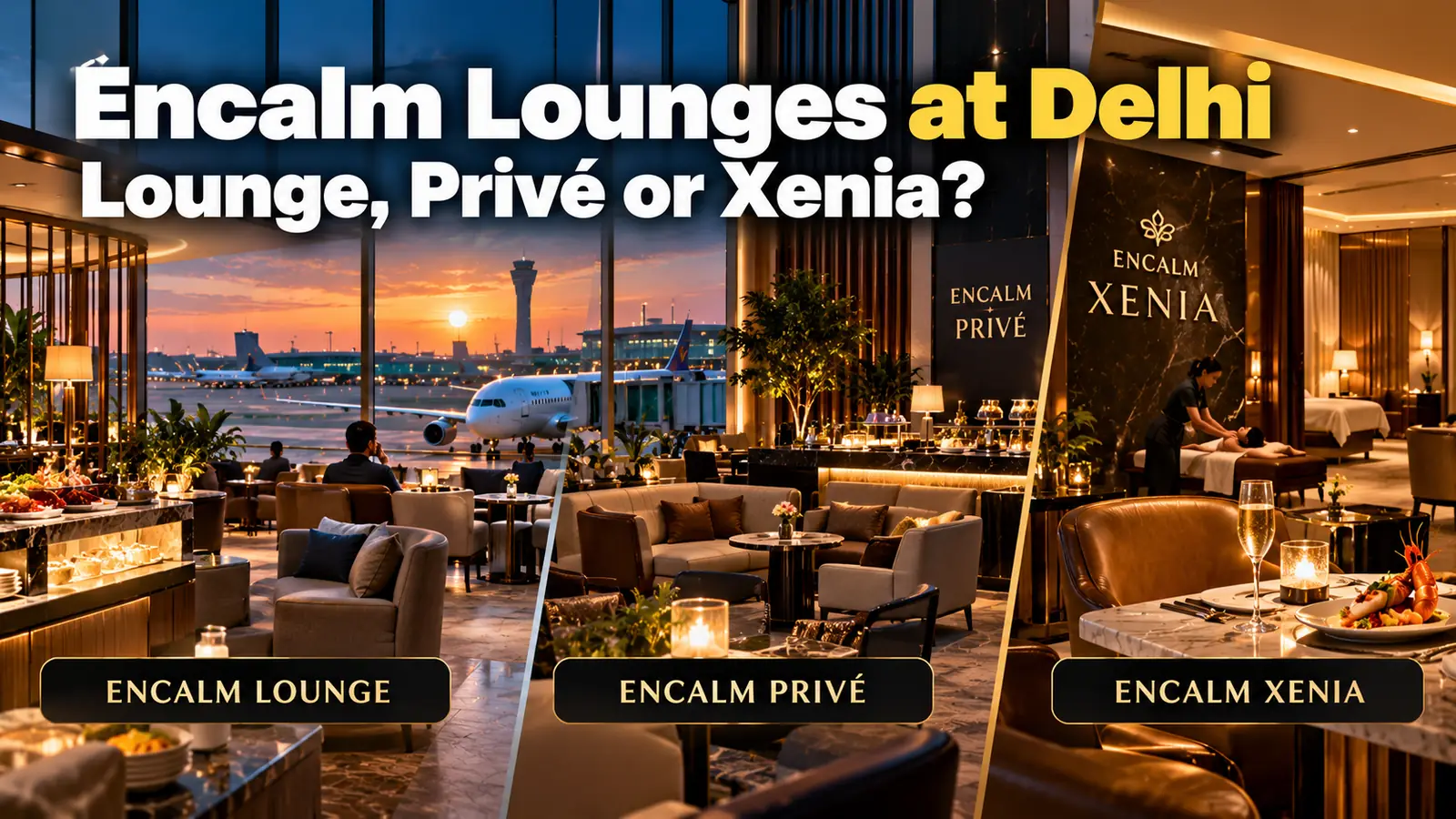 Illustration comparing the three Encalm lounge tiers at Delhi Airport: Encalm Lounge with a buffet and tarmac view, Encalm Privé with plush seating, and Encalm Xenia with a massage room and fine dining