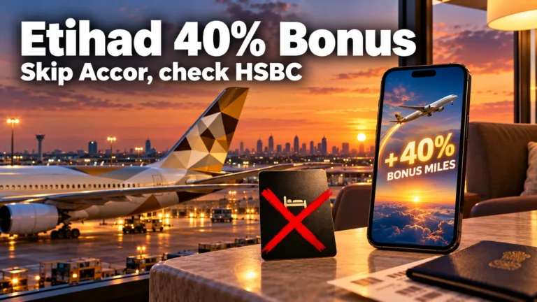 Airliner tail at an airport at sunset, a hotel key card crossed out in red and a phone showing +40% bonus miles, headline Etihad 40% Bonus