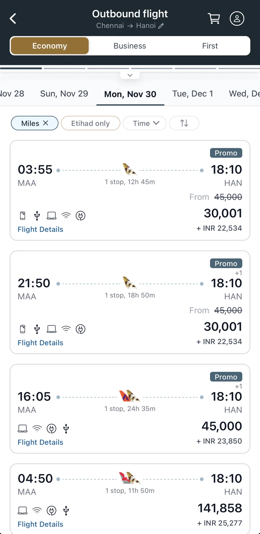 Etihad award search Chennai to Hanoi economy: promo 30,001 miles plus INR 22,534 taxes, was 45,000