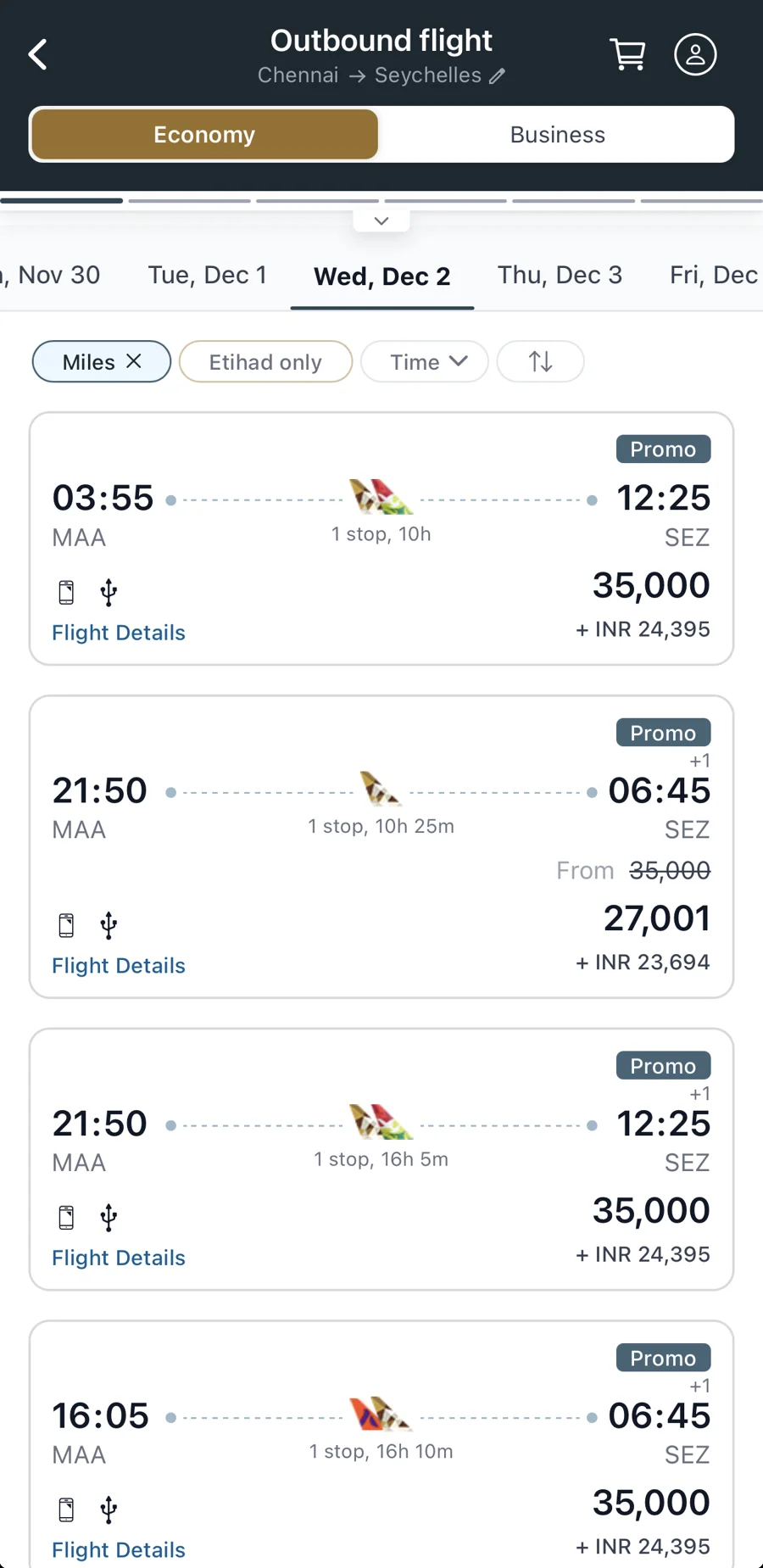 Etihad award search Chennai to Seychelles economy: promo 27,001 miles plus INR 23,694 on Etihad flights, 35,000 with Air Seychelles