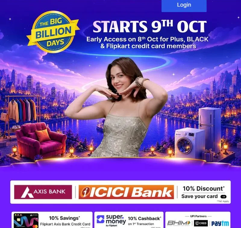 Flipkart Big Billion Days 2026 banner: starts 9th Oct, early access on 8th Oct for Plus, Black and Flipkart credit card members; 10% discount with Axis Bank and ICICI Bank, 10% savings on Flipkart Axis Bank credit card