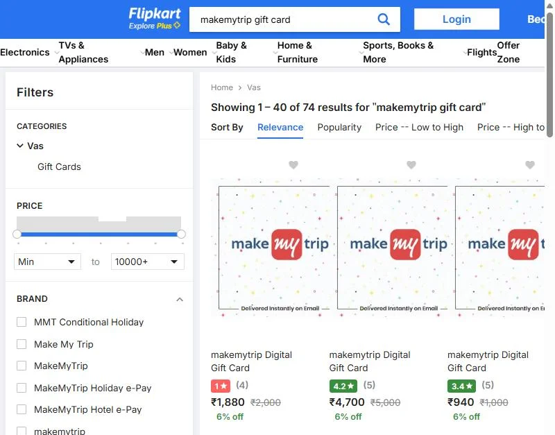 Flipkart gift card search results showing MakeMyTrip digital gift cards at 6% off: ₹2,000 for ₹1,880 and ₹5,000 for ₹4,700