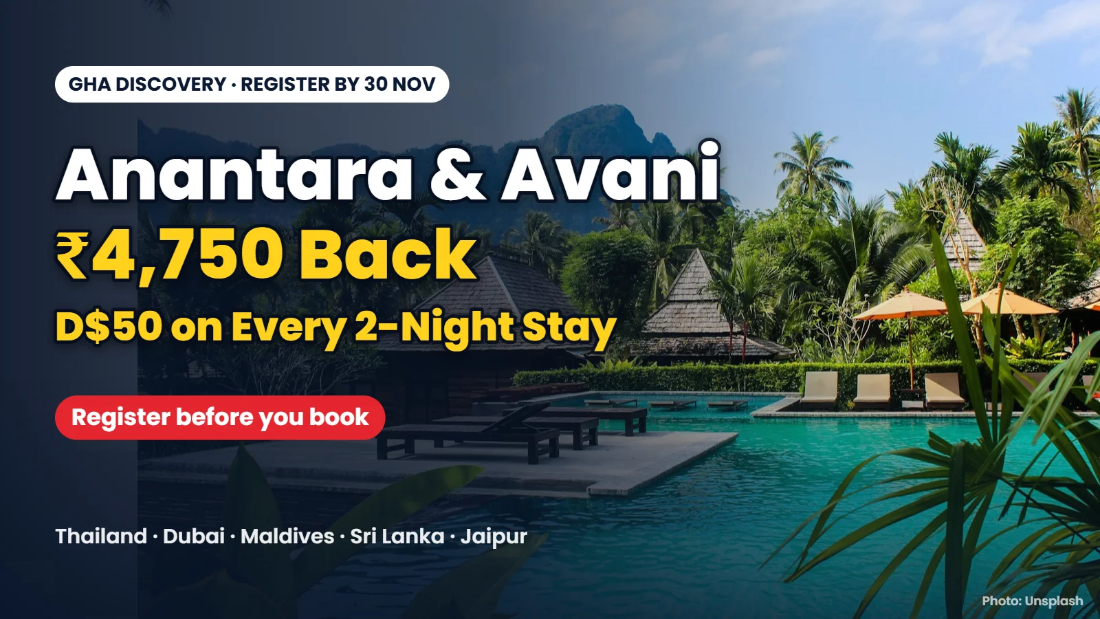 Tropical resort pool with palm trees and headline: Anantara and Avani, ₹4,750 back, D$50 on every 2-night stay