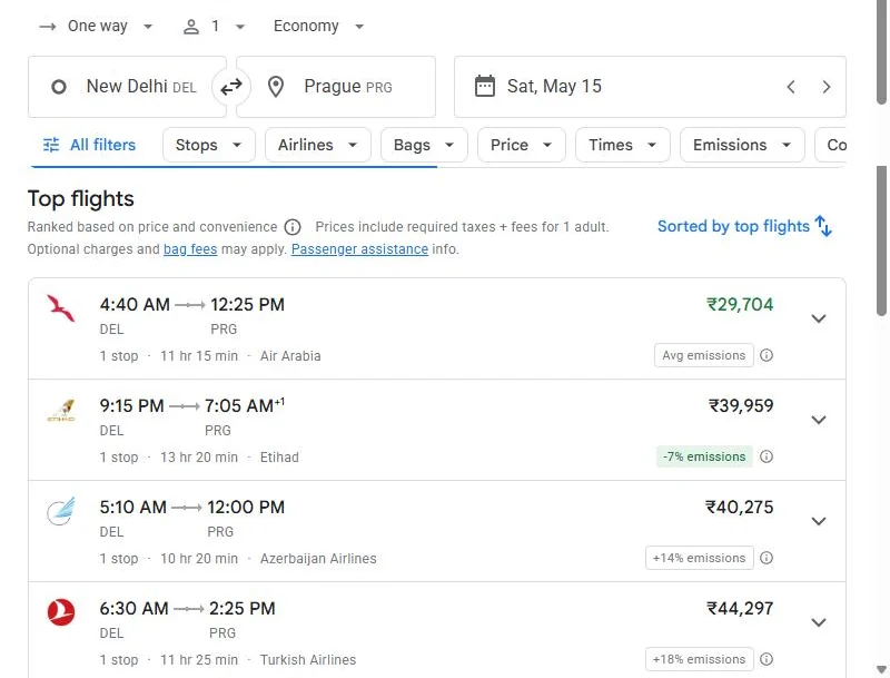 Google Flights one-way economy Delhi to Prague on 15 May 2027: Air Arabia 29,704 rupees, Etihad 39,959, Azerbaijan Airlines 40,275, Turkish Airlines 44,297
