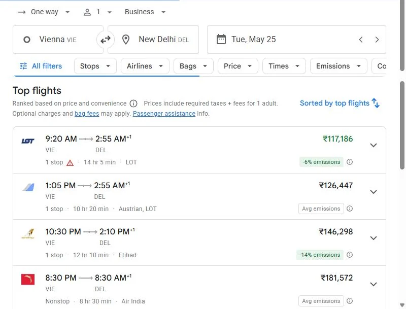 Google Flights one-way business class Vienna to Delhi on 25 May 2027: LOT 1,17,186 rupees, Austrian and LOT 1,26,447, Etihad 1,46,298, Air India nonstop 1,81,572