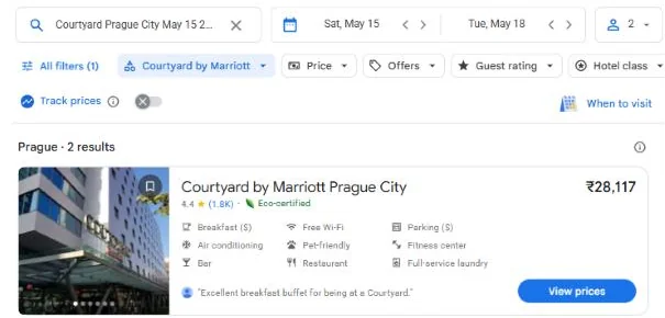 Google Hotels: Courtyard by Marriott Prague City, 15 to 18 May 2027, 28,117 rupees a night for 2 adults