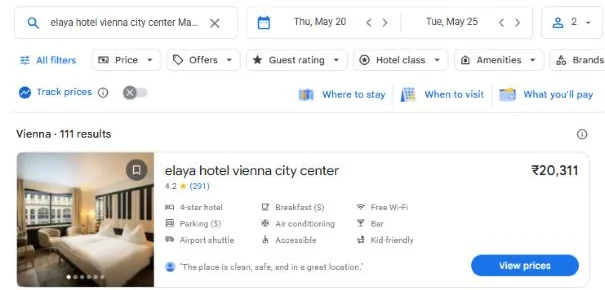 Google Hotels: elaya hotel vienna city center, 20 to 25 May 2027, 20,311 rupees a night for 2 adults