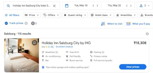Google Hotels: Holiday Inn Salzburg City, 18 to 20 May 2027, 18,308 rupees a night for 2 adults