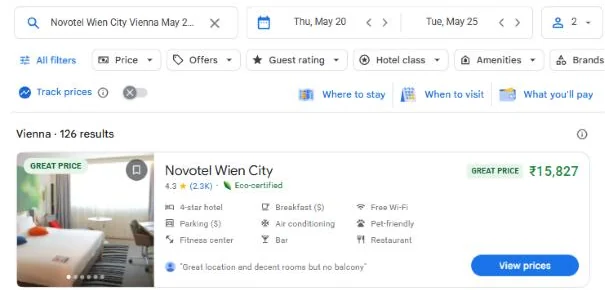 Google Hotels: Novotel Wien City, 20 to 25 May 2027, 15,827 rupees a night for 2 adults