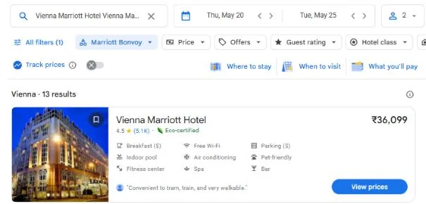 Google Hotels: Vienna Marriott Hotel, 20 to 25 May 2027, 36,099 rupees a night for 2 adults