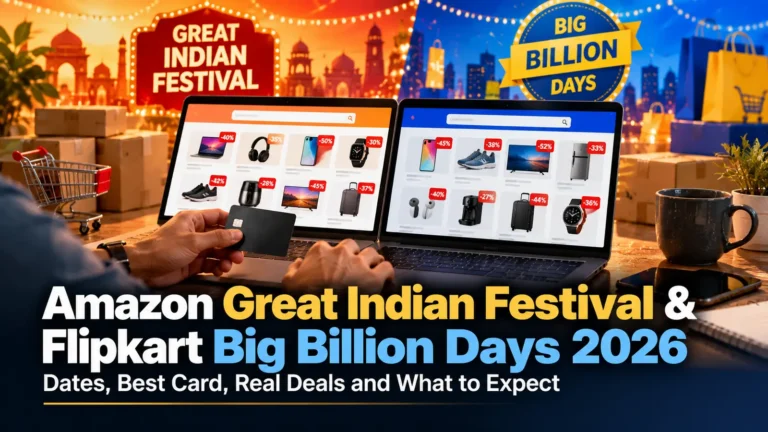 Shopper with a credit card at two laptops showing Amazon Great Indian Festival and Flipkart Big Billion Days deals, headline: Amazon Great Indian Festival & Flipkart Big Billion Days 2026 – Dates, Best Card, Real Deals and What to Expect